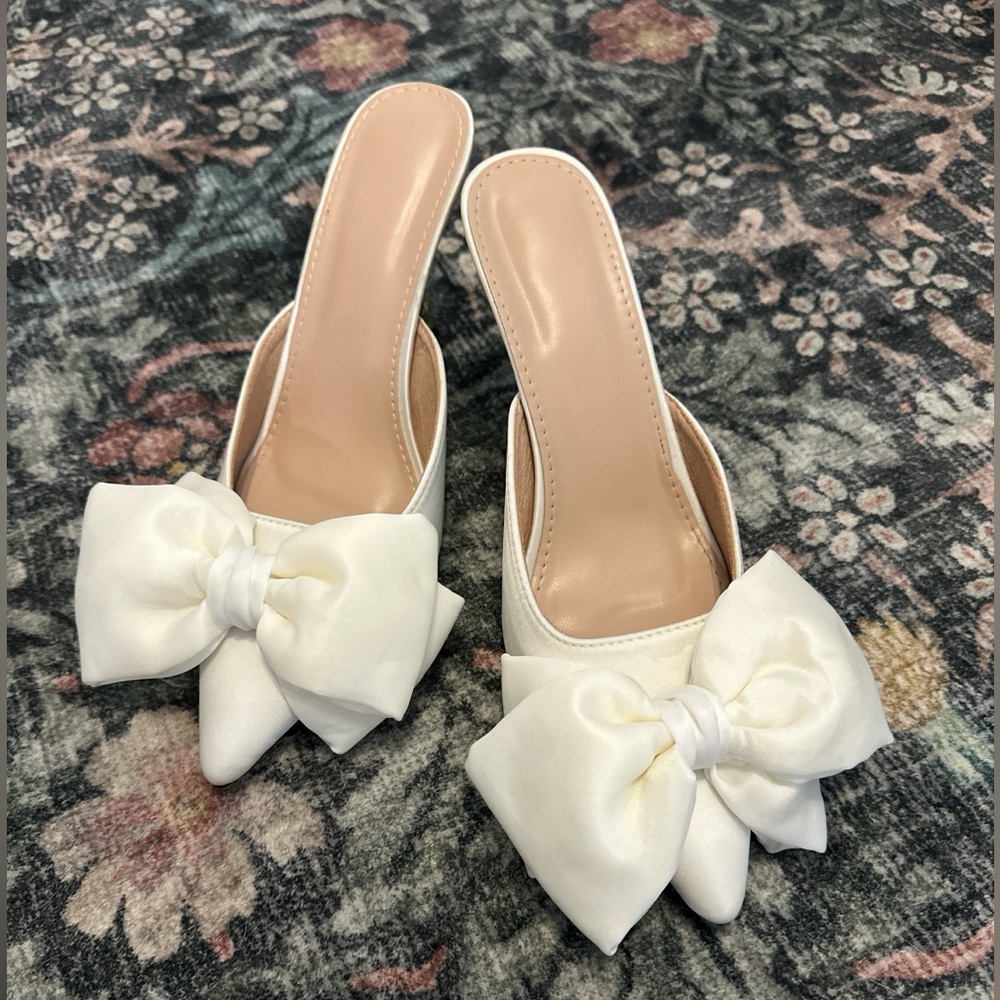White Heels with Bow - Bridal - Wedding - Satin
